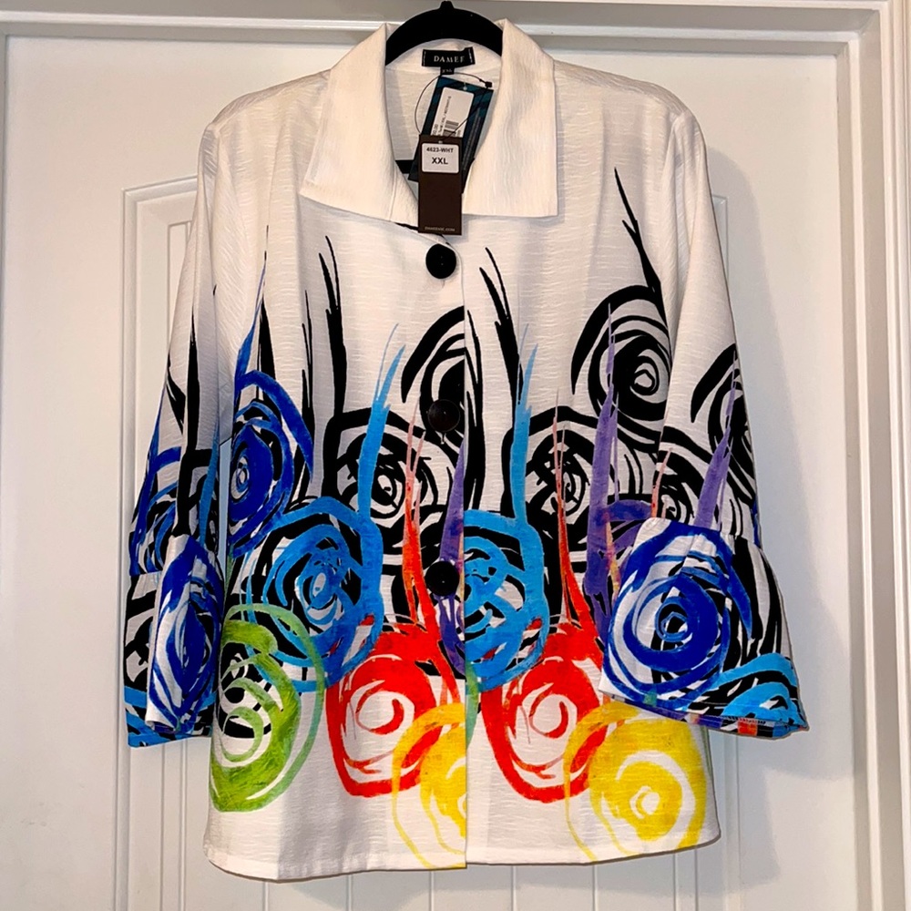 Damee Abstract Swirl Button Front Jacket in Multi/White - 4623-WHT